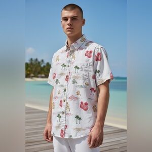 Eighty Eight Platinum 100% Cotton White Tropical Print Shirt-Size Medium